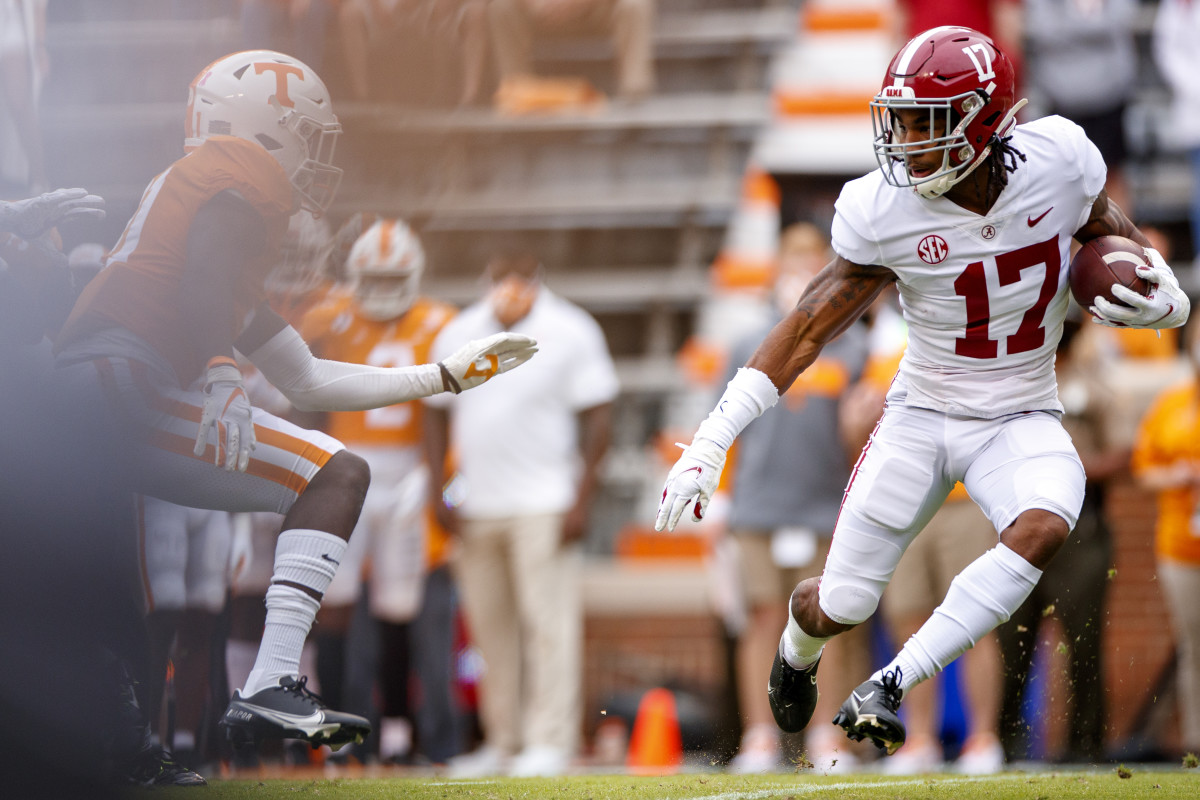 Jaylen Waddle on the opening kickoff at Tennessee
